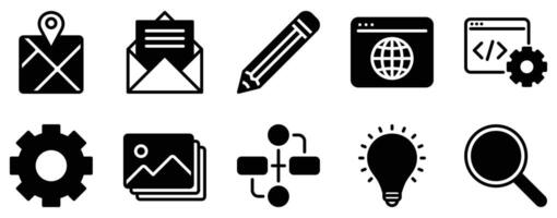Marketing and Design Icon Set Solid Style Collection representing branding creativity and promotional strategies suitable for advertising agencies digital marketing and design platforms vector