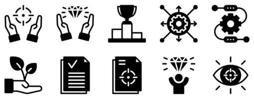 Mission Statement Icon Set Solid Style Collection representing purpose vision and core values suitable for corporate presentations business strategies and organizational development vector