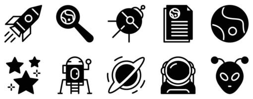Galaxy Explorer Icon Set Solid Style Collection representing space exploration and cosmic discovery suitable for astronomy apps educational tools and sci-fi themed projects vector
