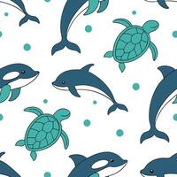 Flat Design a seamless tile pattern featuring Oceanic fauna such as sea turtles dolphins and whales with flowing organic lines and aquatic colors concept as Create a fluid flowing Clean Pro vector