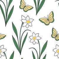 Flat Elegant Easter daffodils and butterflies seamless tile pattern with graceful spring motifs concept as Graceful spring motifs with elegant Easter daffodils and butterflies crea Clean Pro vector