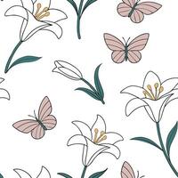 Flat Elegant Easter lilies and butterflies seamless tile pattern with soft pastel hues concept as Soft pastel hues adorn elegant Easter lilies and butterflies in seamless tile patt Clean Pro vector