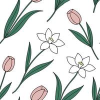 Flat Elegant Easter orchids and tulips seamless tile pattern with rich spring hues concept as Rich spring hues highlight elegant Easter orchids and tulips in seamless tile pattern Clean Pro vector