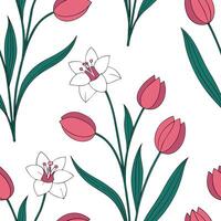 Flat Elegant Easter orchids and tulips seamless tile pattern with rich spring hues concept as Rich spring hues highlight elegant Easter orchids and tulips in seamless tile pattern Clean Pro 2 vector