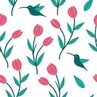 Flat Elegant Easter tulips and hummingbirds seamless tile pattern with graceful spring motifs concept as Graceful spring motifs with elegant Easter tulips and hummingbirds create s Clean Pro vector