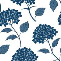 Flat Elegant hydrangea seamless tile pattern with large blue blooms and subtle green leaves on white background ideal for luxurious bathrooms concept as Large blue hydrangea blooms Clean Pro vector