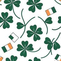 Flat Elegant shamrocks and Irish flags seamless tile pattern with rich green and orange hues concept as Rich green and orange hues highlight elegant shamrocks intertwined with Iris Clean Pro vector