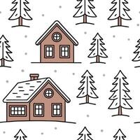Flat Elegant snow covered cottages and pine trees seamless tile pattern with winter charm concept as Snow covered cottages and pine trees create elegant seamless tile pattern with Clean Pro vector
