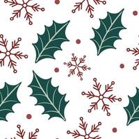 Flat Elegant snowflake and holly leaf seamless tile pattern with rich red and green tones concept as Rich red holly leaves and elegant snowflakes create seamless tile pattern with Clean Pro vector