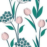 Flat Elegant spring garden seamless pattern with tulips and hydrangeas for classy outdoor spaces concept as Elegant tulips and hydrangeas arranged seamlessly in a refined spring ga Clean Pro 2 vector