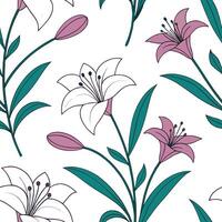 Flat Elegant spring garden seamless pattern with tulips and hydrangeas for classy outdoor spaces concept as Elegant tulips and hydrangeas arranged seamlessly in a refined spring ga Clean Pro vector