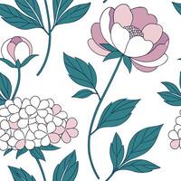 Flat Elegant spring pastel seamless tile pattern with peonies and hydrangeas for chic garden spaces concept as Chic peonies and hydrangeas arranged in soft pastel tones to enhance Clean Pro vector