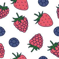 Flat Fresh berries seamless tile pattern featuring strawberries blueberries and raspberries in vibrant colors concept as Strawberries blueberries and raspberries form a fresh color Clean Pro vector
