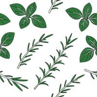 Flat Fresh herb garden seamless tile pattern with green basil thyme and rosemary sprigs for a culinary spring theme concept as Herb sprigs like basil thyme and rosemary form a fres Clean Pro vector