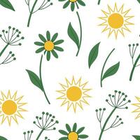 Flat Fresh spring sunshine seamless pattern with vibrant light rays and blooming flowers for energizing spring visuals concept as Energizing spring sunshine pattern with vibrant ra Clean Pro vector