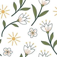 Flat Fresh spring sunshine seamless pattern with vibrant light rays and blooming flowers for energizing spring visuals concept as Energizing spring sunshine pattern with vibrant ra Clean Pro 2 vector