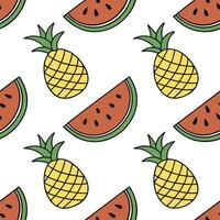 Flat Fresh summer seamless tile pattern with watermelon and tropical fruits for vibrant outdoor dining concept as Watermelon and tropical fruits arranged in a seamless tile pattern Clean Pro vector
