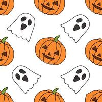 Flat Jack o lanterns and ghosts seamless tile pattern with vibrant orange and spooky elements for festive Halloween decor concept as Vibrant orange jack o lanterns and spooky ghost Clean Pro vector