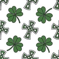 Flat Irish Celtic cross and shamrocks seamless tile pattern with rich green accents concept as Rich green accents highlight Irish Celtic crosses intertwined with shamrocks in seaml Clean Pro vector