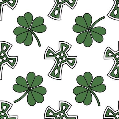 Flat Irish Celtic cross and shamrocks seamless tile pattern with rich green accents concept as Rich green accents highlight Irish Celtic crosses intertwined with shamrocks in seaml Clean Pro