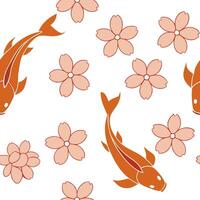 Flat Japanese Sakura and Koi Fish seamless tile pattern with soft pinks and vibrant oranges for serene home decor concept as Soft pink sakura blossoms and vibrant orange koi fish a Clean Pro vector
