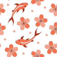 Flat Japanese Sakura and Koi seamless tile pattern with soft pinks and vibrant oranges for tranquil home decor concept as Soft pink sakura blossoms and vibrant orange koi fish arra Clean Pro vector