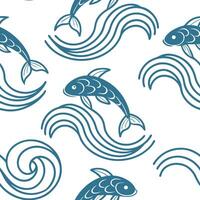 Flat Japanese waves and koi fish seamless tile pattern with serene blue tones concept as Serene blue tones highlight Japanese waves intertwined with koi fish in seamless tile patte Clean Pro 2 vector