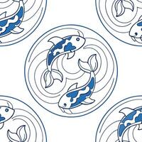 Flat Japanese waves and koi fish seamless tile pattern with serene blue tones concept as Serene blue tones highlight Japanese waves intertwined with koi fish in seamless tile patte Clean Pro vector