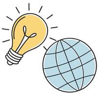 Flat Lightbulb and globe floating with white background for business growth concept as A illustration of a glowing lightbulb paired with a holographic globe symbolizing inno Clean Pro vector