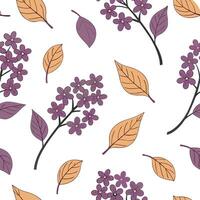 Flat Lilac and autumn leaves seamless pattern colorful isolated white background perfect for fall textiles branding packaging concept as Colorful lilac and autumn leaves seamless p Clean Pro vector