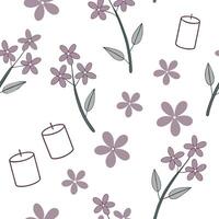 Flat Lilac and candles seamless pattern warm isolated white background ideal for cozy textiles branding packaging concept as Warm lilac and candles seamless pattern on white backgr Clean Pro vector