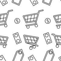 Flat Minimalist illustrations of shopping carts dollar bills and discount tags arranged in a repeating tile with a white background representing consumerism and spending concept a Clean Pro vector