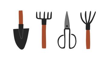 gardening tools set including shovel, rake, scissors, and pitchfork. Simple flat design with brown wooden handles. Ideal for garden, farming, and landscaping illustrations vector