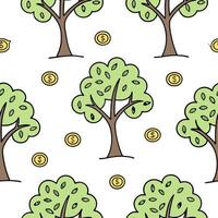Flat Money tree forest concept as Wide shot of a seamless tile pattern featuring stylized money trees with coin leaves and dollar bill trunks Camera slowly pans across the whimsic Clean Pro vector