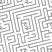Flat Money laundering maze concept as Close up of a seamless tile pattern featuring a complex maze with stylized money symbols Camera slowly zooms out to reveal the intricate path Clean Pro vector