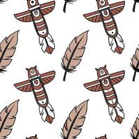 Flat Native American totem poles and feathers seamless tile pattern with earthy tones and cultural motifs for authentic decor concept as Earthy toned totem poles and feathers arran Clean Pro vector