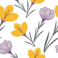 Flat New bloom flowers seamless tile pattern with bright yellow and soft purple hues representing a new season concept as Bright yellow and soft purple flowers bloom in a seamless Clean Pro vector