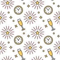 Flat New Year celebration seamless tile pattern with fireworks champagne glasses and festive countdown vibes concept as Fireworks champagne glasses clocks and glittering gold creat Clean Pro vector