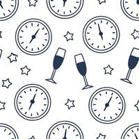 Flat New Year seamless pattern with clocks fireworks and champagne bottles to mark the countdown to the New Year concept as Time themed New Year pattern featuring clocks fireworks Clean Pro vector