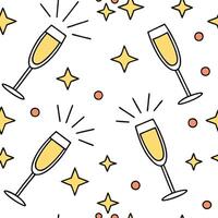 Flat New Year seamless pattern with party poppers champagne glasses and confetti for a bright joyful New Year celebration concept as Bright New Year pattern with party poppers cham Clean Pro vector