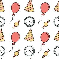 Flat New Year seamless pattern with vibrant balloons party hats and countdown clocks for a high energy fun celebration theme concept as Fun New Year pattern with balloons party hat Clean Pro vector