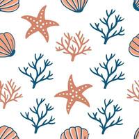 Flat Ocean inspired summer seamless tile pattern with coral reefs and sea creatures for coastal decor concept as Coral reefs and sea creatures arranged in a seamless pattern perfec Clean Pro vector