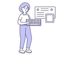Flat Person typing on a transparent keyboard with floating digital elements concept as An individual types on a transparent keyboard surrounded by floating digital elements illustr Clean Pro vector