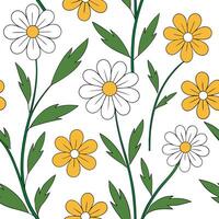Flat Playful spring flower seamless pattern with daisies and buttercups for cheerful living rooms concept as Daisies and buttercups arranged in a playful seamless tile pattern to c Clean Pro vector