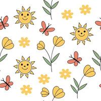 Flat Playful spring sunshine seamless pattern with bright rays and whimsical clouds for fun energetic designs concept as Fun spring sunshine pattern with bright rays and whimsical Clean Pro 2 vector