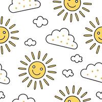 Flat Playful spring sunshine seamless pattern with bright rays and whimsical clouds for fun energetic designs concept as Fun spring sunshine pattern with bright rays and whimsical Clean Pro vector