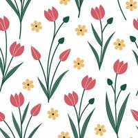 Flat Playful spring garden seamless pattern with tulips and buttercups for vibrant home gardens concept as Playful tulips and buttercups arranged in a seamless pattern to brighten Clean Pro vector