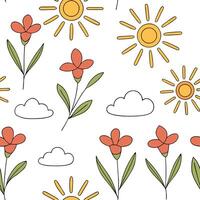 Flat Playful spring sunshine seamless pattern with bright rays and whimsical clouds for fun energetic designs concept as Fun spring sunshine pattern with bright rays and whimsical Clean Pro 3 vector