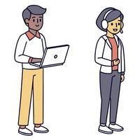 Flat Portrait of team members using voice controlled assistants for hands free collaboration copy space on right concept as A portrait of team members using voice controlled assist Clean Pro vector