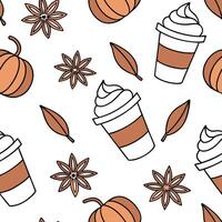 Flat Pumpkin spice latte seamless tile pattern with autumn inspired colors and cozy vibes concept as Warm pumpkin spice latte motifs in autumn colors create a cozy seamless tile pa Clean Pro vector